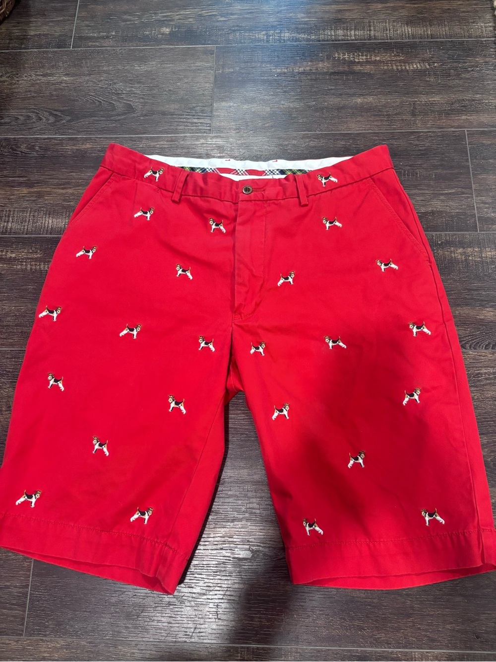 Men's Red Embroidered Dog Pattern Cotton Shorts